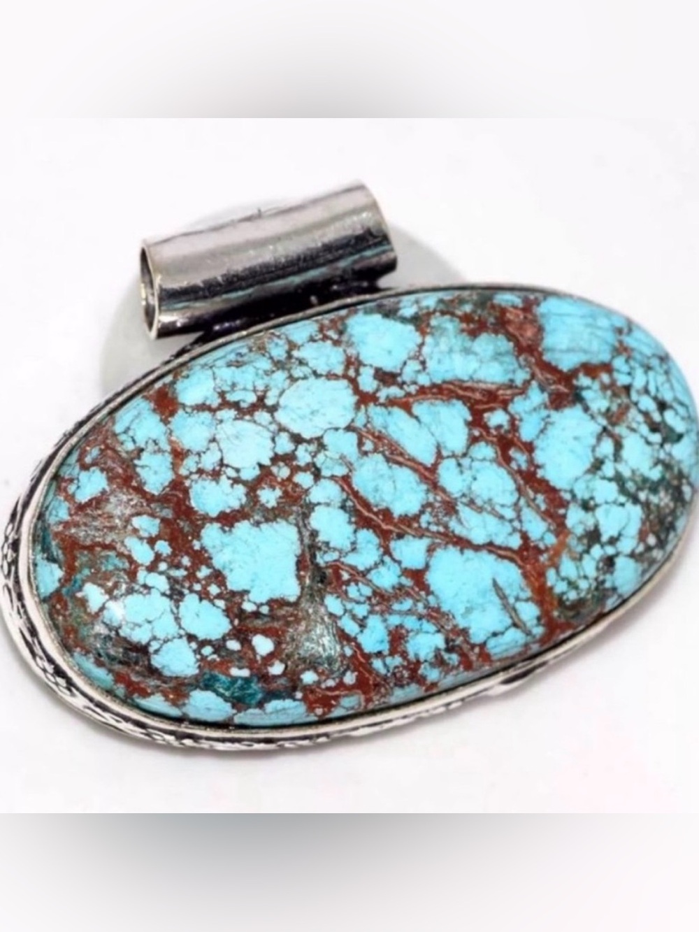 Turquoise & Veining Matrix, Ornate Cut Out Bale & Bezzled SilverOverlay